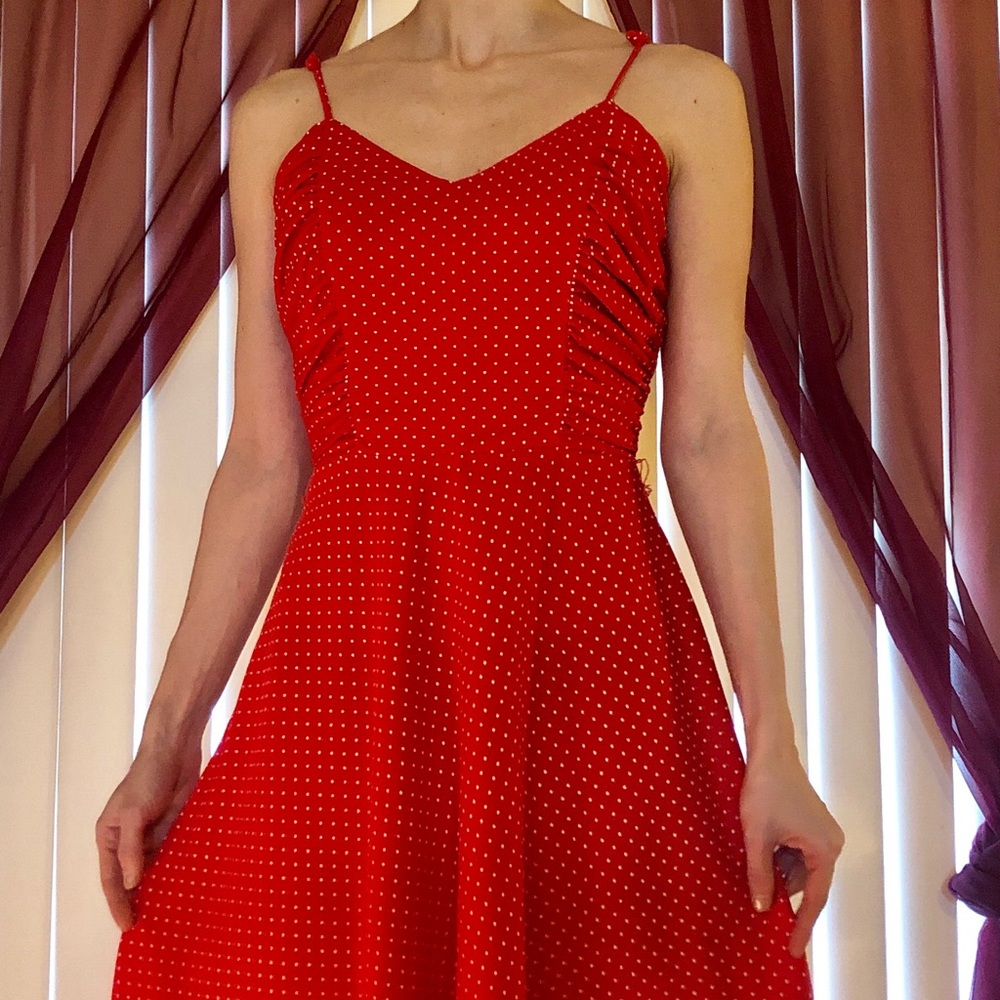 Vintage red spaghetti strap dress w/ white dots